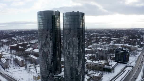 Riga Lettland Januari 2021 Vacker Antenn Utsikt Över Towers Skyskrapor — Stockvideo