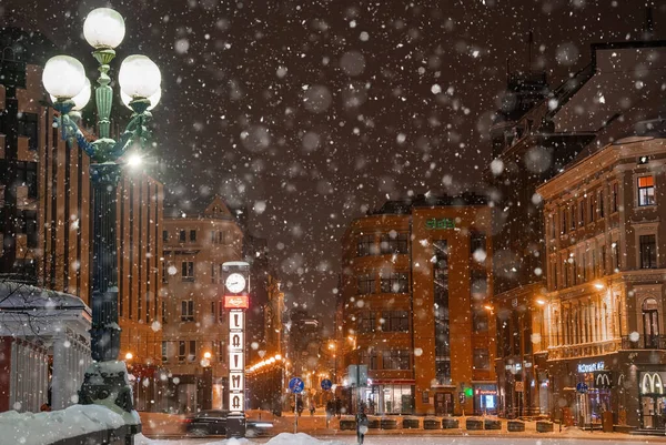 Riga Latvia January 2021 Winter Night Riga Center Monument Freedom — Stock Photo, Image