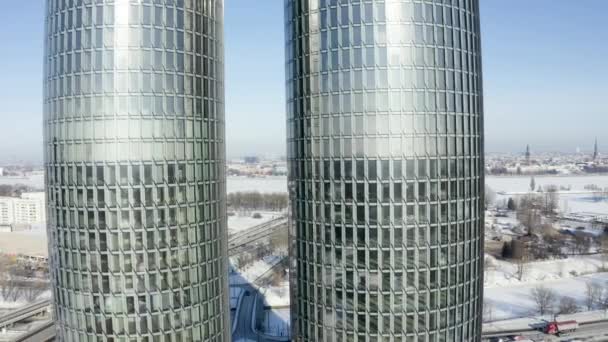 Riga Latvia January 2021 Multifunctional Tower Shape Buildings Modern Glass — стоковое видео