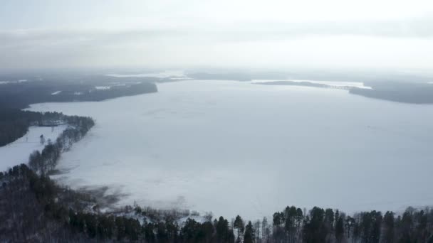 冬の風景の空中ビューは 森林の真ん中に凍結湖のパノラマ 冬の不思議の国 — ストック動画