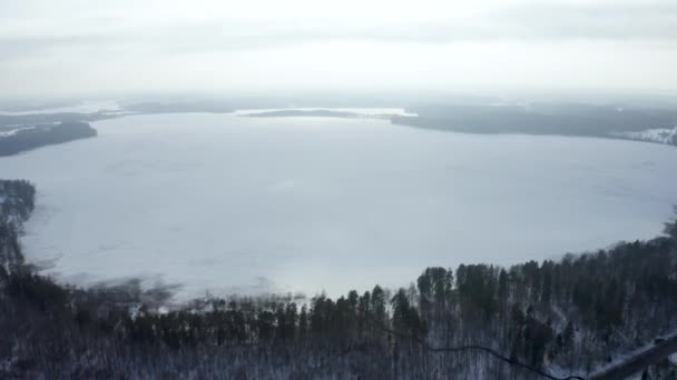 Вид Воздуха Зимний Пейзаж Панорама Замёрзшего Озера Посреди Леса Зимняя — стоковое видео