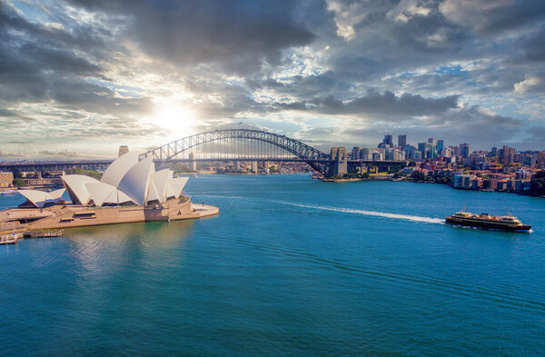 Landscape aerial view of Sydney Opera house around the harbour. 