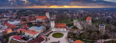 Cesis Latvia. May 01, 2021. Aerial view of beautiful city of Cesis in Latvia. View on the city center, main city church and ruins of ancient Livonian castle in old town of Cesis, Latvia