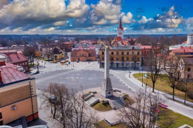 Cesis Latvia. May 01, 2021. Aerial view of beautiful city of Cesis in Latvia. View on the city center, main city church and ruins of ancient Livonian castle in old town of Cesis, Latvia