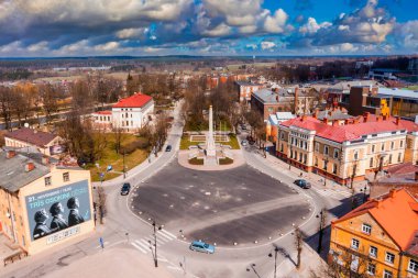 Cesis Latvia. May 01, 2021. Aerial view of beautiful city of Cesis in Latvia. View on the city center, main city church and ruins of ancient Livonian castle in old town of Cesis, Latvia