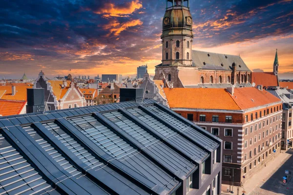 Beautiful Aerial View Riga Old Town Peters Cathedral Center Epic — Stock Fotó