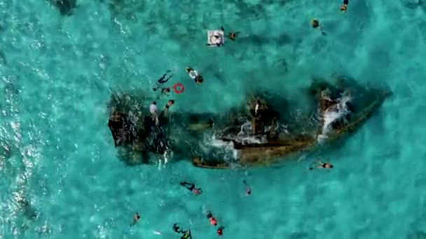 Vista aérea del snorkel en el mar Caribe cerca del barco hundido. — Vídeo de stock