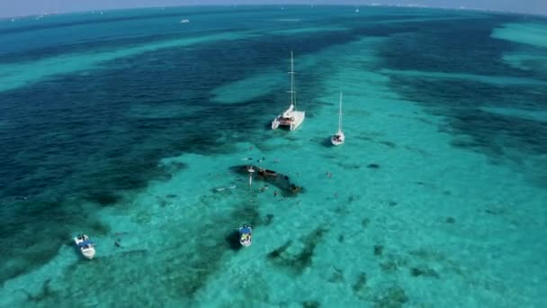 Aerial view of snorkeling in the Caribbean sea near the sinked ship. — Stock Video