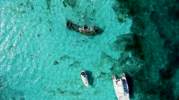 Vista aérea del snorkel en el mar Caribe cerca del barco hundido. — Vídeo de stock