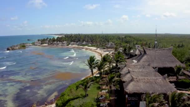 Aerial Tulum Coastline Beach Magical Caribbean Sea Small Huts Coast — Stock Video