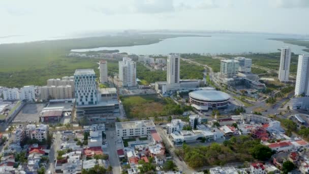 Flygfoto Över Centrum Cancún Centrum Mexiko Cancún Många Lyxhotell Syns — Stockvideo