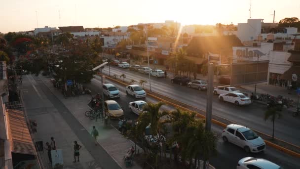 Tulum Mexico May 2021 Cars Driving City Sunset Aerial View — Stockvideo