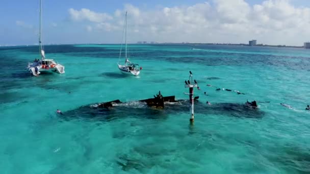 Aerial view of snorkeling in the Caribbean sea near the sinked ship. — Stock Video