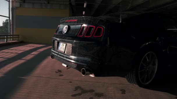 Modelo Ford Mustang preto estacionado. Sporty lendário sportscar americano — Vídeo de Stock