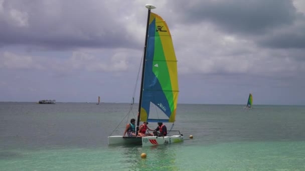 Scenic view at small catamaran with yellow green blue sail sailing in sea. — стоковое видео