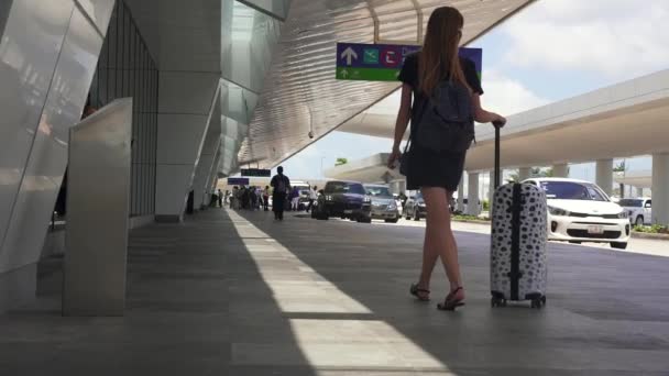 Reisekonzept. Junge Reisende mit Gepäck am Flughafen-Terminal. Auf der Suche nach dem Tor. — Stockvideo