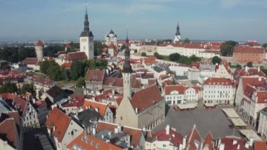 Aerial view of the Medieval Town Hall and Town Hall Square of Tallinn, the capital of Estonia