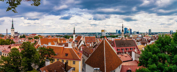June 10, 2021. Aerial View of Tallinn business center. Panoramic view of Tallinn with an old town in the foreground.