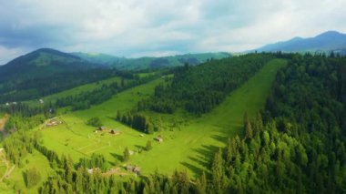 Sabahın köründe bir çiftliğin etrafında parlak bir kırsal alan. Hava görünümü.