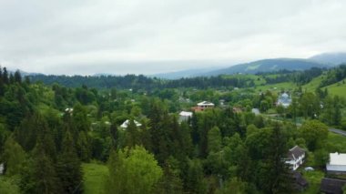 Mavi gökyüzünün altındaki yeşil kırsal alanın havadan görünüşü.