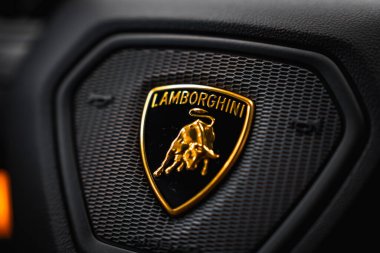 Siyah bir kalkanda altın bir boğa bulunan Lamborghini logosunun detaylı görüntüsü. Metalik ışıklı, desenli siyah bir yüzeye ayarlanmış..