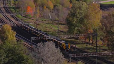 Yüksek açılı hava görüntüsü, Riga, Letonya 'da, çelik katenerin altındaki altın sonbahar parkı ağaçlarının arasından geçen eğri paralel raylar üzerinde giden sarı bir banliyö treni gösteriyor..