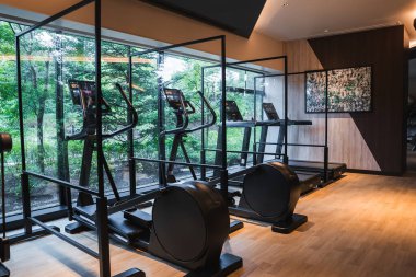 Modern eliptikler, Japonya 'da açık ahşap, siyah metal, sıcak aydınlatma ve soyut sanat ile çevrili yüksek pencereli bir bahçenin yanındaki cam bölmeli bir spor salonudur..