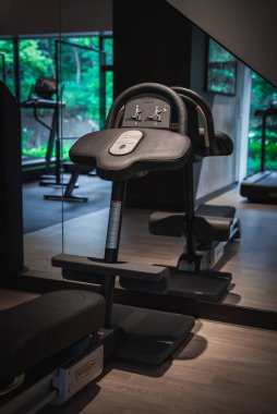 Siyah bir abdominal çıtır ve uzatma makinesi Japonya 'da bir otelin spor salonunda tam boy aynasına bakar. Pencereleri, bitkileri, yumuşak gün ışığı ve sessiz bir hava katar..