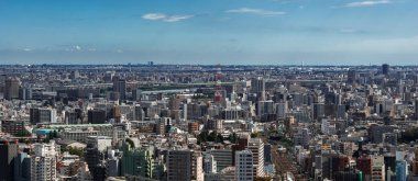 Gün ışığında Tokyo 'nun havadan görünüşü Tokyo Kulesi' nin orta ve yüksek gökdelenlerin, yerin ortasındaki Sumida Nehri 'nin, açık mavi gökyüzünün ve büyük bir organize şebekenin üzerinde olduğunu gösteriyor..