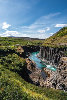 Turkuaz nehri Doğu İzlanda 'daki Studlagil Kanyonu' ndan esiyor, her iki tarafta altıgen bazalt sütunlar yükseliyor, yaz yeşillikleri parlak yüksek kontrastlı güneş ışığıyla tezat oluşturuyor.