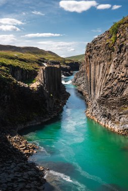 Turkuaz su Doğu İzlanda 'daki dar bazalt kanyonundan esiyor. Gün ortası güneşi altıgen kolonları, kıtır kıtır gölgeleri ve buzul erimiş sudan uzak akıntıları aydınlatır..