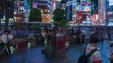 Tokyo, Shibuya İstasyonu 'ndaki Hachiko heykelinin gece görüşü. Turistler ve banliyö sakinleri toplanıyor. Uzun pozlama serileri Shibuya Scramble ve Rakuten ekran yakınlarında hareket gösterir.