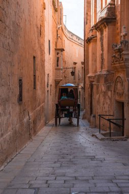 Mdina, Malta 'da bir at arabası, bal renkli kireç taşı, demir balkon ve sıcak öğleden sonra ışığında kemerli kapılar boyunca hareket eder..