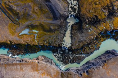 Hava görüntüsü İzlanda 'nın dağlık kesimlerinde sütlü turkuaz bir buzul nehri gösteriyor. Dar bir vadi, koyu bazalt, yosun ve tundrayı besleyen örgülü kanallar gün ışığında bile yumuşak..