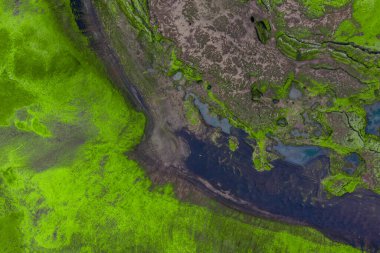 Landmannalaugar yakınlarındaki İzlanda dağlık arazilerindeki neon yosunlarının, siyah lavların ve mavi havuzların havadan yüksek irtifa görüntüsü yumuşak gün ışığı ve güçlü renk karşıtlığıyla.