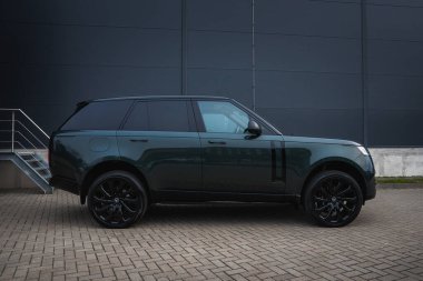 Koyu yeşil Range Rover otobiyografi parkları koyu renk paneller ve metal merdivenler, siyah tekerlekler, renkli camlar ve bulutlu ışıkta yüzen bir çatı..