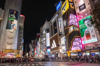 Tokyo 'daki Shibuya geçidinde gece otobüs ve taksiler beklerken kalabalık yaya geçidini dolduruyor. Yüksek binalar üç şeritli logo ve neon ışıklarıyla parıldıyor..