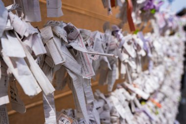 Tokyo 'daki bir tapınağın ahşap rafındaki omikuji düğümlerini kapatın. Turistler ve yerliler ziyaretlerinde servet bağlıyorlar. Gün ışığında umut ve ayin öneriyorlar..