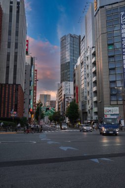 Akşam trafiği ve yayalar Akihabara yakınlarındaki Tokyo kavşağından geçerek Japonca işaretler, yeşil bir demiryolu köprüsü ve alacakaranlık ışığı altında cam bir kule ile hareket ederler..