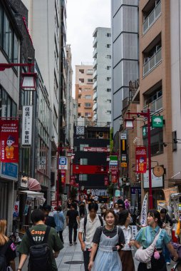 Gündüz kalabalığı Tokyo 'da dar bir Asakusa caddesi boyunca ilerliyor. Kırmızı fener ışıkları, Japon mağaza işaretleri ve Senso ji tapınağı yakınlarındaki alışveriş merkezleri..