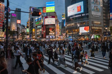 Yayalar, Shibuya İstasyonu yakınlarındaki neon panolar, LED ekranlar, Tsutaya ve Shibuya 109 ile Tokyo 'daki çok yönlü Shibuya Geçidi' ni geçtiler..