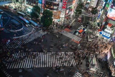 Shibuya 'nın Tokyo' daki yaya geçitleri, neon tabelalar, otobüsler ve Shibuya İstasyonu ile kesiştiği yüksek açılı manzara kalabalıklar hareket ederken ve arabalar akşamları acele ederken