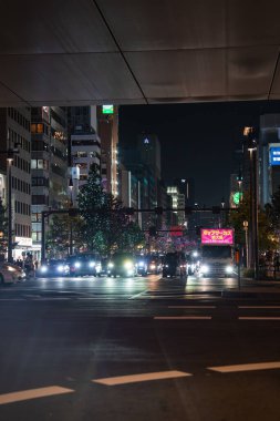 Osaka caddesindeki bir üst geçidin altında bir kavşağa yaklaşan arabalar görülüyor. Neon işaretleri ve aydınlatma kuleleri ıslak asfalta, serin tonlara ve mevcut derin perspektife yansıyor.