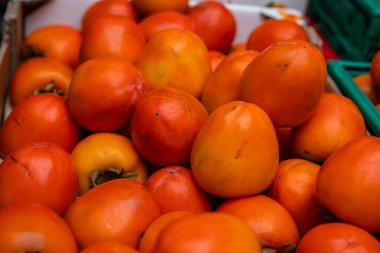 Funchal, Madeira 'da bir market kasasını parlak turuncu derilerle dolduran olgun hurmalarla dolu. Yumuşak, dağınık ışık sürtünmeleri, gamzeleri, zengin eğilimleri ve bolluğu gösterir..