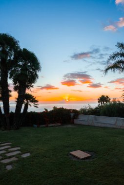 Madeira, Portekiz 'deki sahil bahçesi, gün batımında palmiyeler ve dekoratif bir duvar silueti Atlantik' te ılık turuncu ve pembe bulutlar çimenleri, basamakları ve çalıları aydınlatıyor..