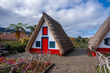 Üç geleneksel Santana Çerçeveli evler Santana, Madeira, Portekiz 'de ağaçlık eğreltiotları, ortancaları ve yumuşak ışıklı bahçe çitleri olan kaldırımlı bir patika boyunca dururlar..