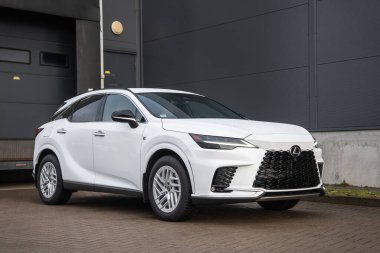 Zemin kat görüntüsü beyaz bir Lexus RX 450h + yükleme bölmesi kapıları olan metal bir deponun yanında park edilmiş, kaporta yağmuru, LED farlar, F spor aksanları, alaşım tekerlekleri.