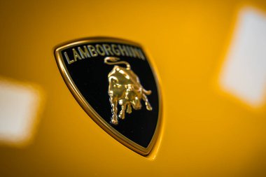 Yakın plan altın boğa tepesini ve siyah bir kalkanın üzerine yazıyı gösteriyor, parlak sarı bir panele monte edilmiş, sığ alan derinliği ve yumuşak yansımaları olan kapalı bir yerde..