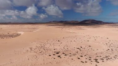 Dalgalanan kum tepeleri, çalılar ve kayalık tepeler üzerinde süzülüyorlar. Karanlık volkanik tepeler ve Fuerteventura 'daki uzak beyaz binalar parlak bir gündüz vakti gökyüzü altında..