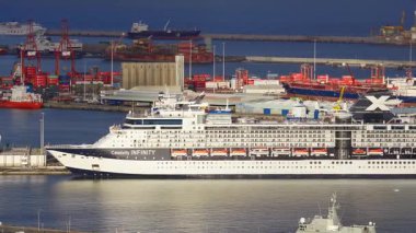 Hava 4K görüntüsü, Puerto de la Luz, Las Palmas, Gran Canaria 'da demirlemiş Ünlüler Sonsuzluğu' nu, kırmızı kanat vinçleri, istiflenmiş konteynırlar, silolar ve karışık liman trafiğini gösteriyor..